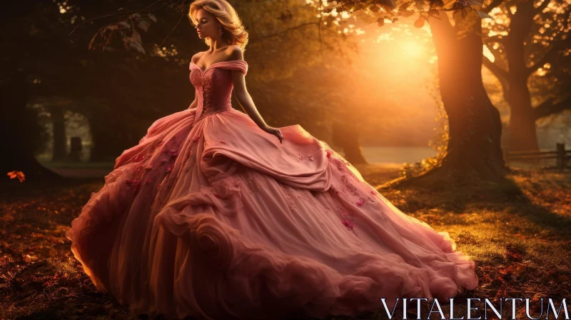 Enchanting Woman in Pink Ball Gown in Forest AI Image