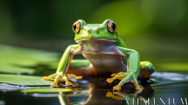 Green Frog on Lily Pad in Tropical Pond AI Image