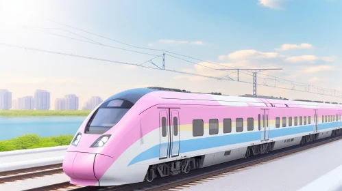 High-Speed Train Racing Along River in Pink and Blue Livery