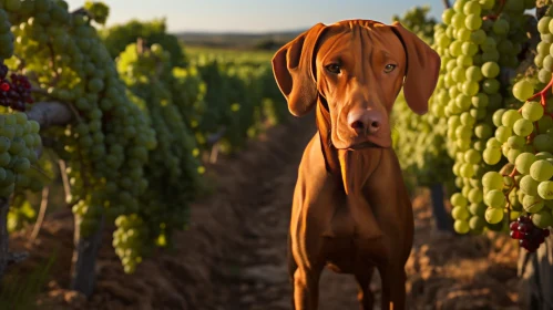 Intelligent Vizsla Dog in Green Vineyard