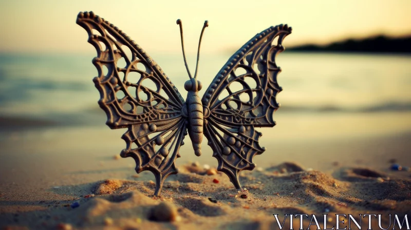 Intricate Metal Butterfly Sculpture on Sandy Beach AI Image