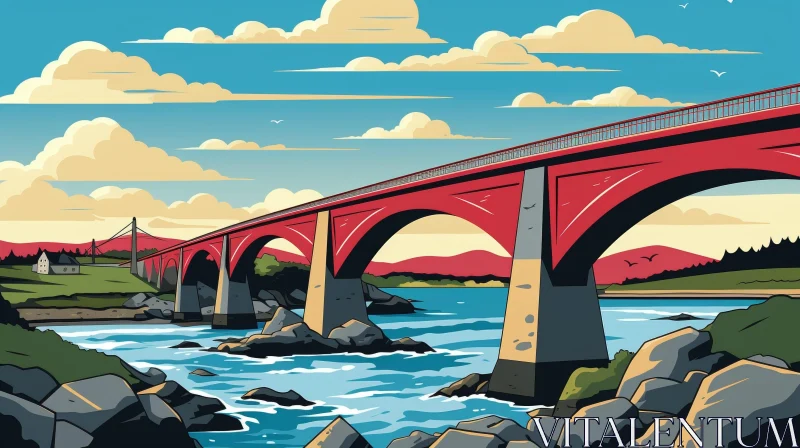 Quirky Bridge Illustration Over River - Cartoon Style AI Image