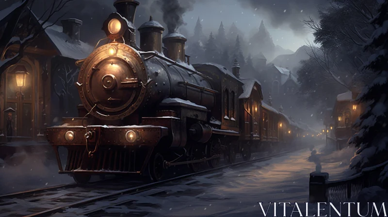 Winter Train Passing Through Village Landscape AI Image