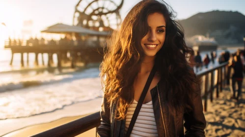 Young Woman in Brown Leather Jacket on Pier