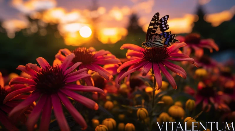 AI ART Beautiful Butterfly on Pink Flower at Sunset