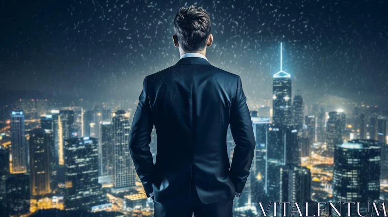 Cityscape Night View: Professional Man on Rooftop AI Image