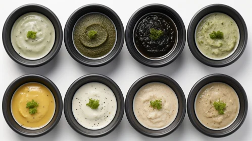 Colorful Soups and Sauces in Black Bowls
