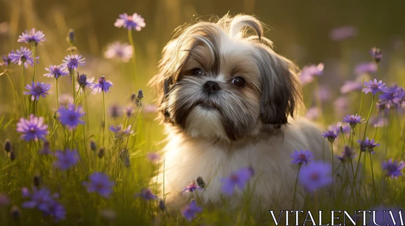 Cute Dog in Field of Purple Flowers AI Image