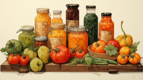 Rustic Still Life with Canned Goods and Fresh Produce