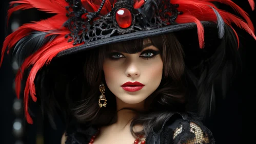 Serious Young Woman in Black Dress and Red Lipstick