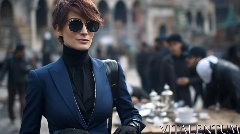 Stylish Woman in Blue Suit on Busy Street AI Image