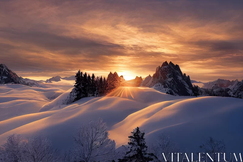 Sunset in the Snowy Mountains: A Captivating Winter Landscape AI Image