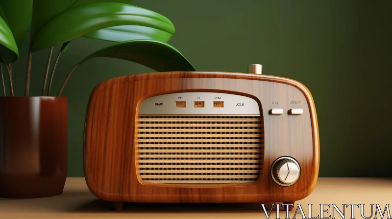 Vintage Wooden Radio Receiver with Green Plant AI Image