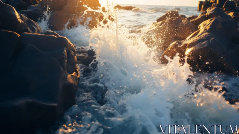 Waves Crashing Against Rocks: Stunning Beach Scene AI Image