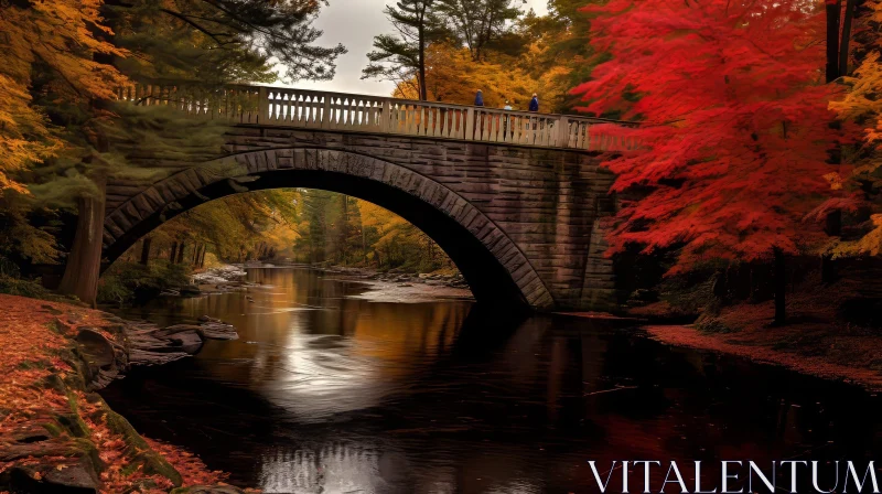 AI ART Autumn Stone Bridge Over River - Tranquil Nature Scene