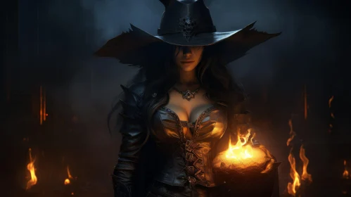 Dark Mystery: Woman with Skull Lantern in Fire-lit Room