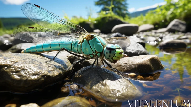 AI ART Dragonfly Close-Up on Rock in River