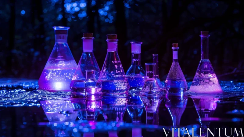 AI ART Futuristic Glass Chemical Flasks with Colored Liquid
