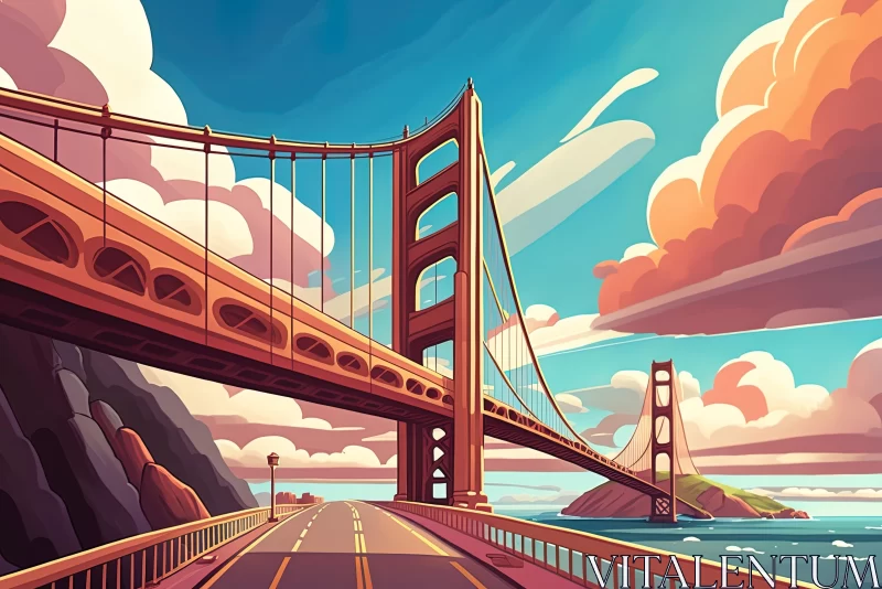 Golden Gate Bridge Painting: Playful Cartoon Illustration in Vibrant Colors AI Image