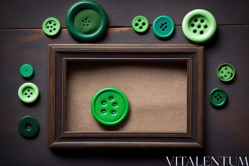 Green Buttons in Wooden Frame: Textile Collages and Colorful Absurdism AI Image
