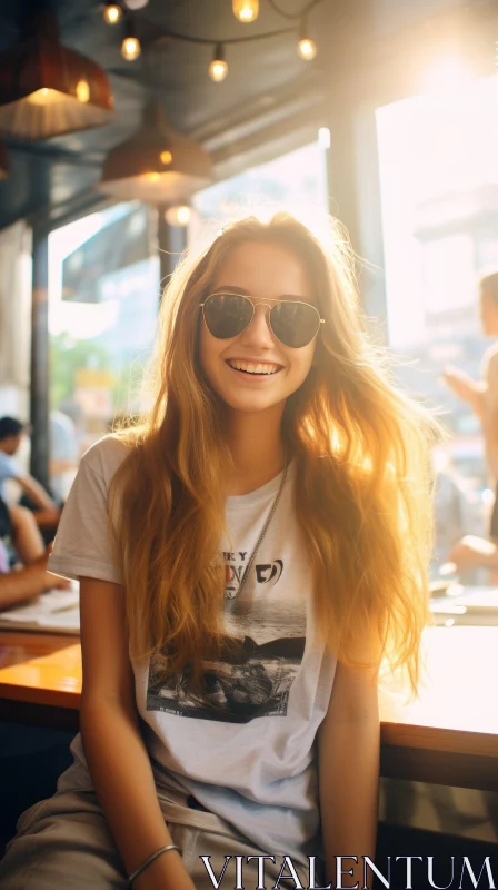 Young Woman Smiling in Cafe AI Image