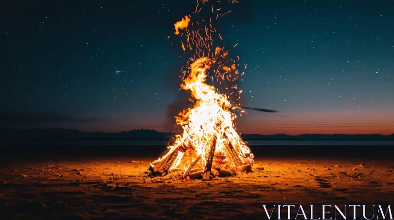 Enchanting Bonfire on Beach at Night AI Image
