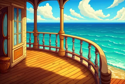 Enchanting Ocean View from a Balcony - Whimsical Cartoon Compositions