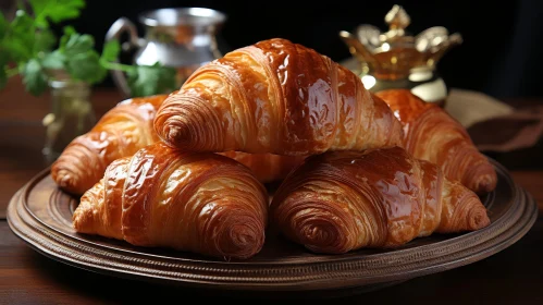 Golden Brown Croissants on Plate - Close-Up View