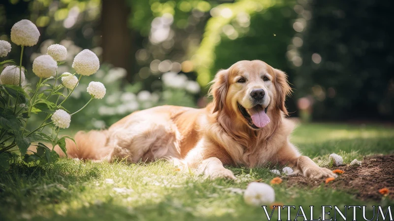 Joyful Golden Retriever Dog Surrounded by Flowers AI Image