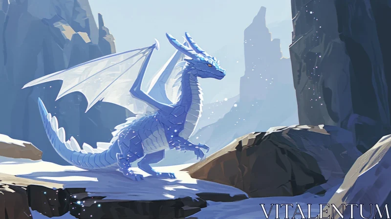 Majestic Blue Dragon in Snowy Fantasy Landscape AI Image