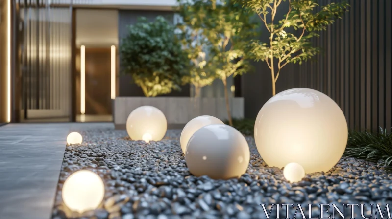 Modern Courtyard Garden with Tree and Illuminated Spheres AI Image