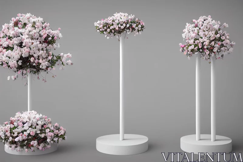 Pink Flower Trees: Photorealistic 3D Models with Minimalist Stage Design AI Image