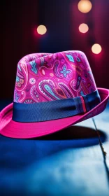 Stylish Pink Paisley Hat on Dark Blue Table