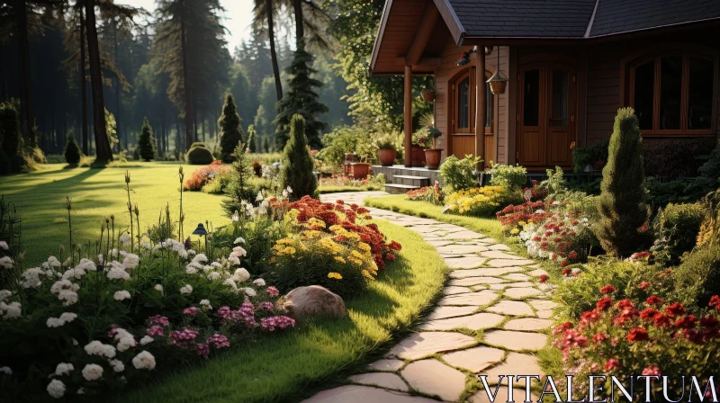 AI ART Tranquil Garden Scene with Colorful Flowers and Wooden House