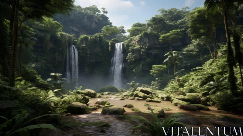 Tranquil Jungle Waterfall Landscape AI Image