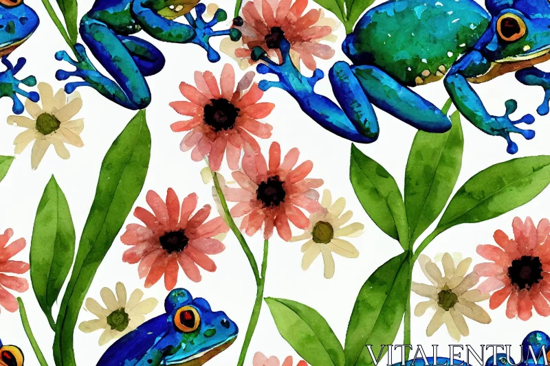 Vibrant Watercolor Pattern with Frogs and Flowers - Nature-Inspired Art AI Image