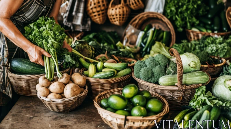 Bountiful Harvest: Farmer Gathering Fresh Vegetables in Field AI Image