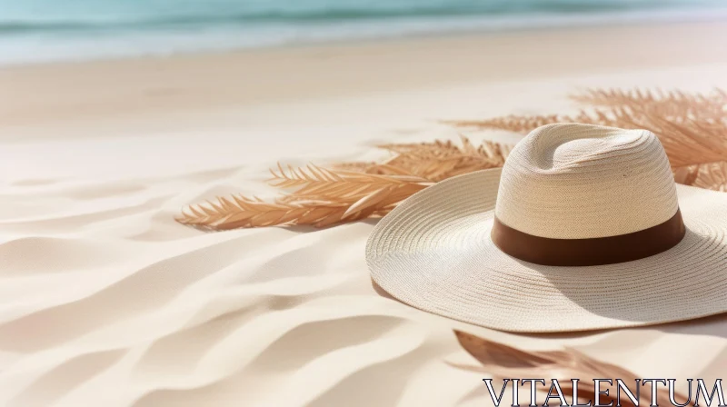 AI ART Close-up Straw Hat on Sand with Palm Leaves and Ocean Background
