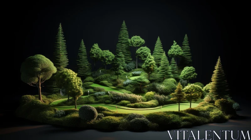 Dark Green Miniature Golf Course with Realistic Trees and Shrubs AI Image