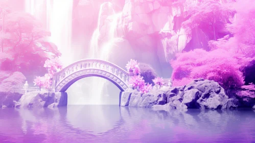 Tranquil Waterfall Landscape with Pink Trees and Bridge