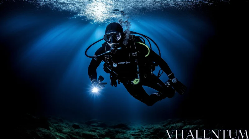 AI ART Underwater Cave Exploration - Scuba Diver with Flashlight