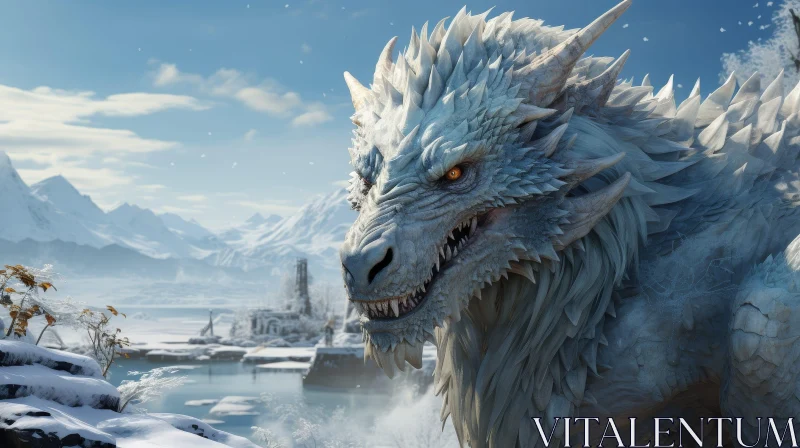 White Dragon Digital Painting on Cliff with Snowy Mountain Range AI Image