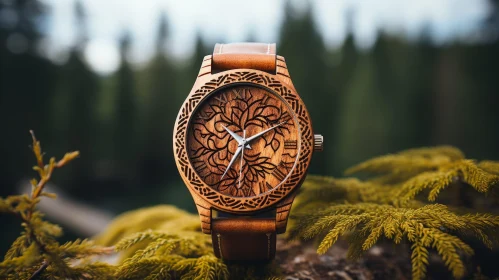 Wooden Watch with Tree Design on Green Moss
