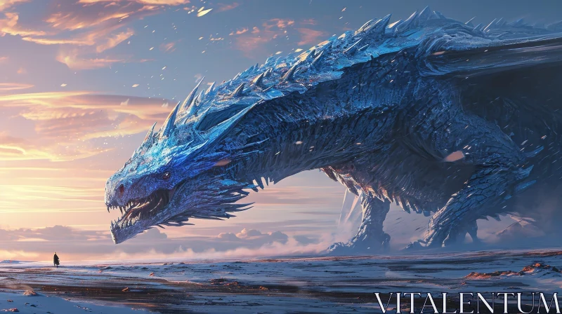 Blue Dragon Fantasy Painting on Snowy Field AI Image