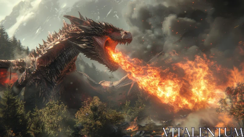 AI ART Dragon Breathing Fire on Mountain - Digital Painting