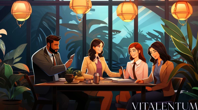 Group of People in Restaurant - Friendly Conversation Scene AI Image