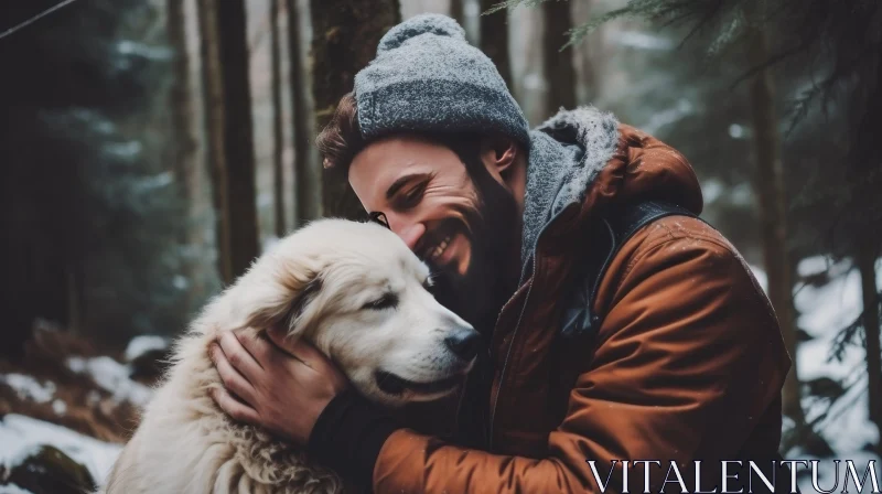 Heartwarming Scene: Man and Golden Retriever in Snowy Woods AI Image