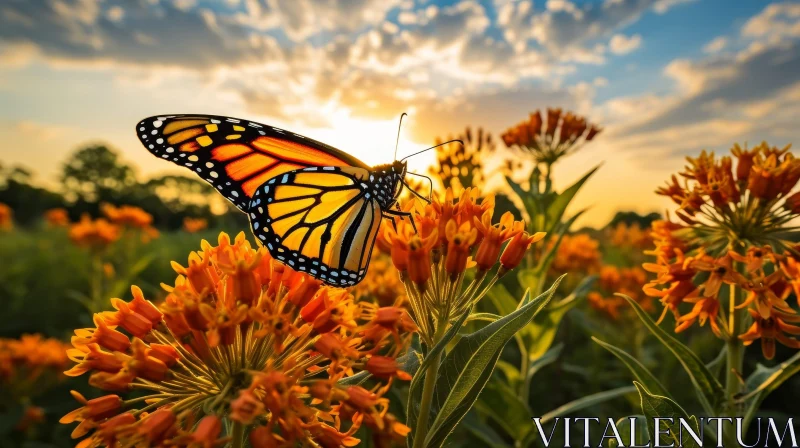 AI ART Monarch Butterfly on Milkweed Plant at Sunset