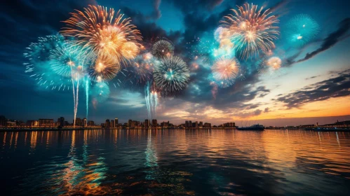 Night Cityscape with Colorful Fireworks and River Reflection