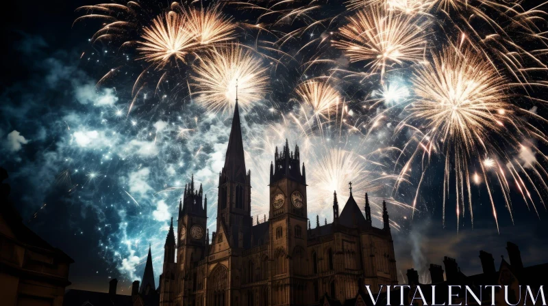 AI ART Night View Gothic Cathedral Fireworks